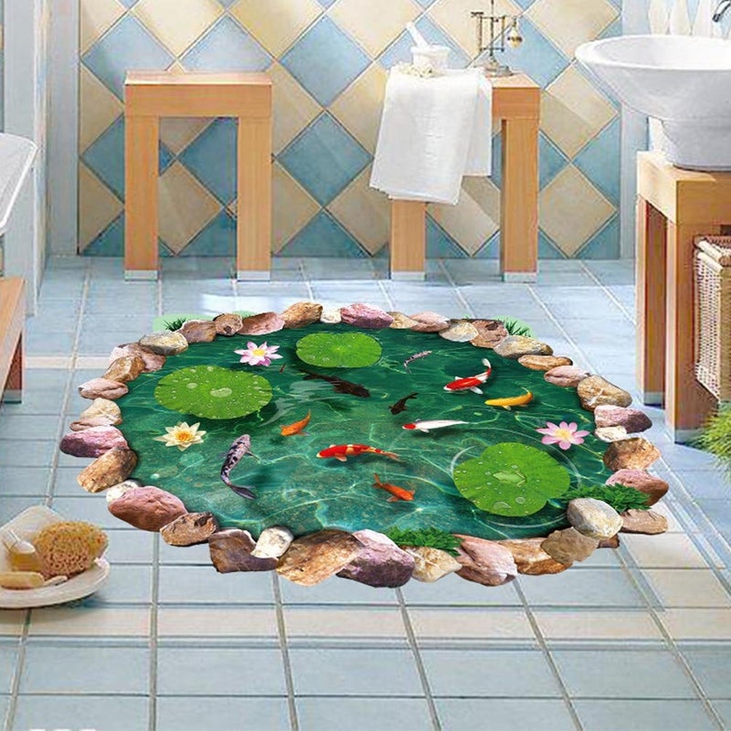 BIBITIME 3D Floor Stickers 22.83" x 34.84" Stone Pool Lotus Flower Carp Fishes Wall Decal for Kitchen Bathroom Tile Sticker Living Room Bedroom Kids Room Decor Art Mural Peel and Stick - Image 4